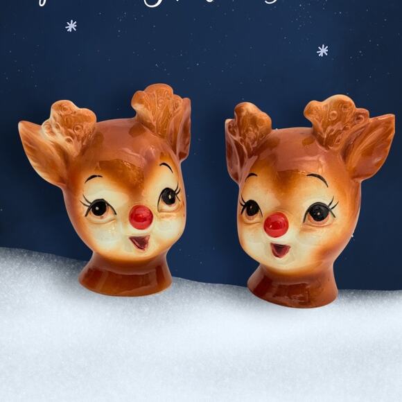 Anthropomorphic 1950s Lefton Rudolph Red Nose Reindeer Salt & Pepper Shaker Set - Picture 1 of 12